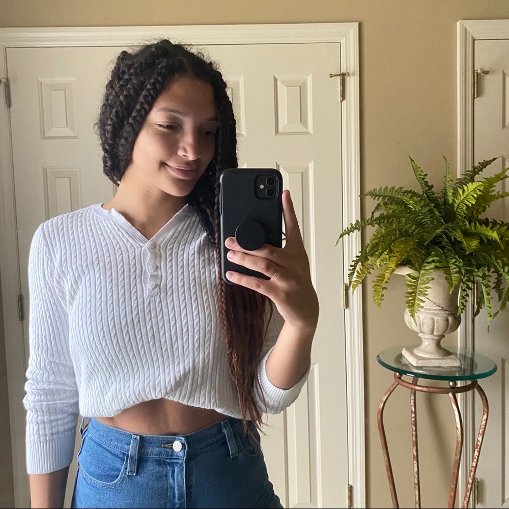 3/4 Sleeve White Knit Sweater